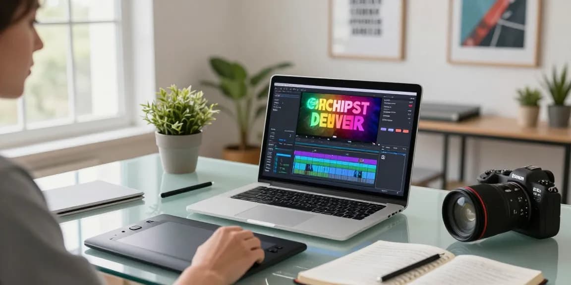 Designer adding overlay text to video in a bright editing studio.