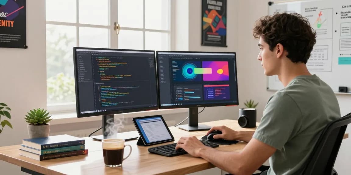 Download Telegram in a modern workspace featuring a developer coding on dual monitors with technical books and coffee.