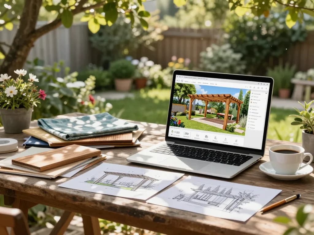 Designer che utilizza il configuratore software pergole per creare design personalizzati di pergole all'aperto in un ambiente giardino panoramico.