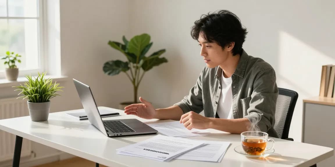 Detailed view of a home office scene where an individual is discussing how to cancel timeshare contracts over a video call.