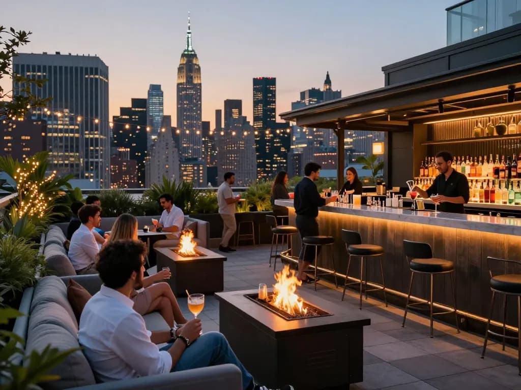 Enjoying cocktails at Nohu rooftop bar with skyline views in New Jersey.