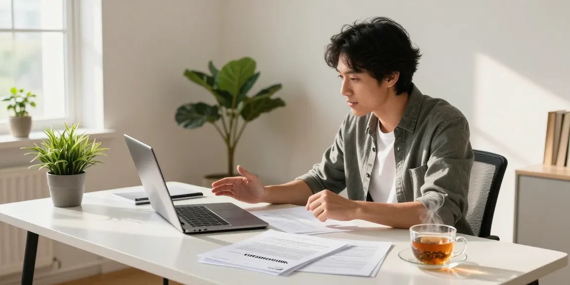 Detailed view of a home office scene where an individual is discussing how to cancel timeshare contracts over a video call.
