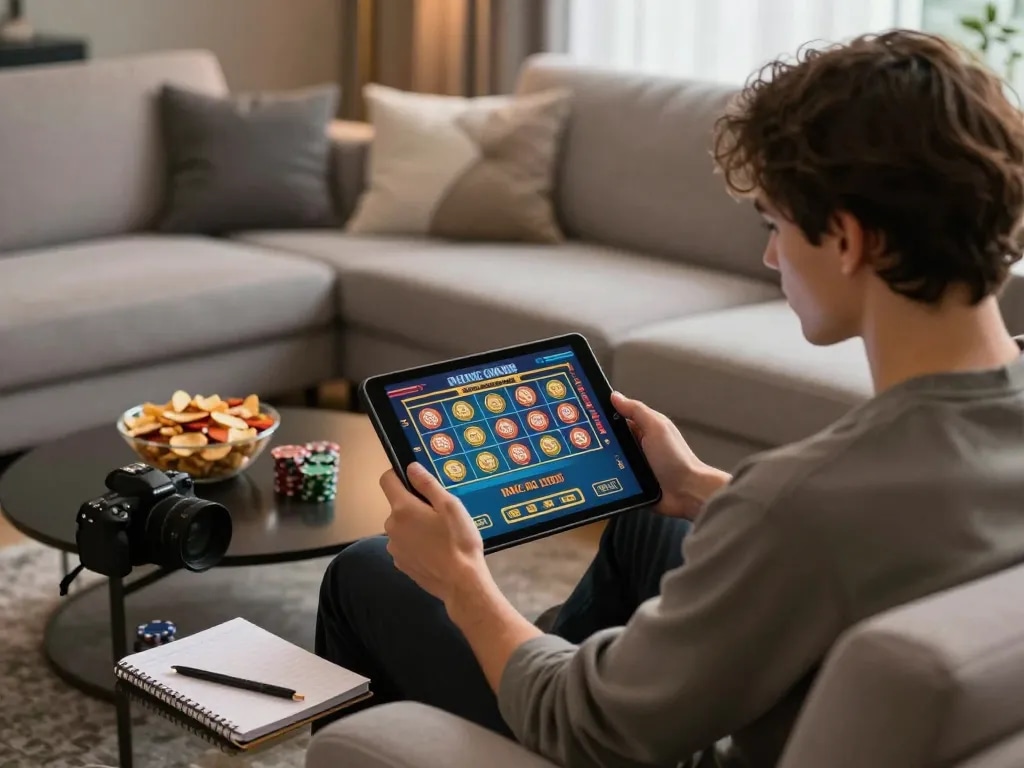Good88 user enjoying online gaming on a tablet in a cozy home environment