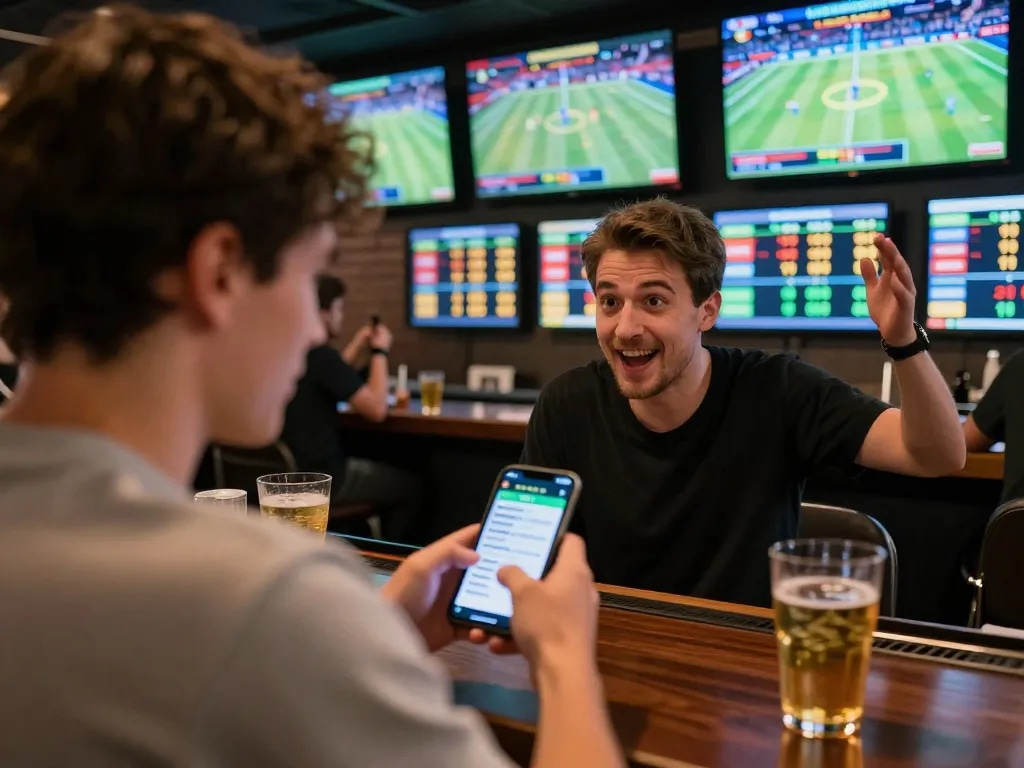 Engaged bettor placing bets with U888 app in lively sports bar atmosphere.
