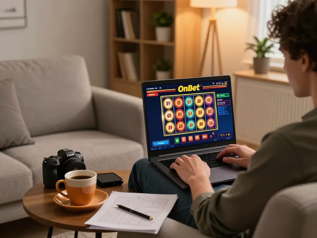 Engaging scene of a player using OnBet gaming platform on laptop for responsible online gambling in a cozy home setting.