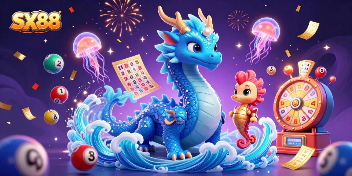 SX88 showcases a vibrant casino atmosphere with a majestic water dragon and an array of colorful lottery elements.