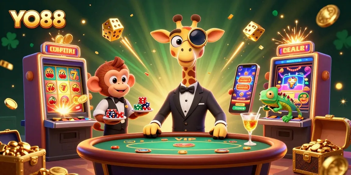 YO88 promotes excitement with a high-roller giraffe playing poker at a vibrant casino scene.