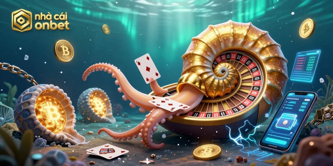 Engage with the vibrant casino atmosphere at nhà cái onbet, featuring a giant nautilus as a roulette wheel with glowing crypto elements.