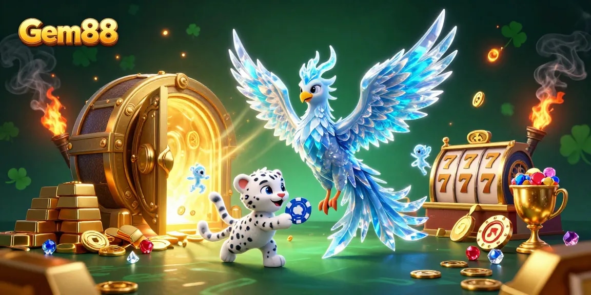 Experience the thrilling excitement of Gem88 with an enchanting casino scene featuring vibrant 3D dynamics and prize elements.