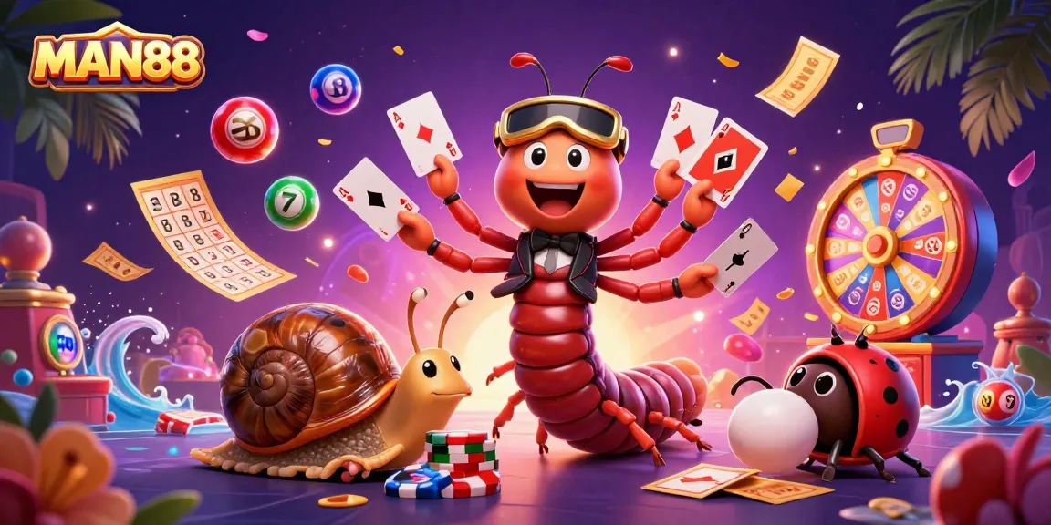 Experience the thrill of MAN88 with a dynamic casino scene featuring colorful elements and engaging characters.