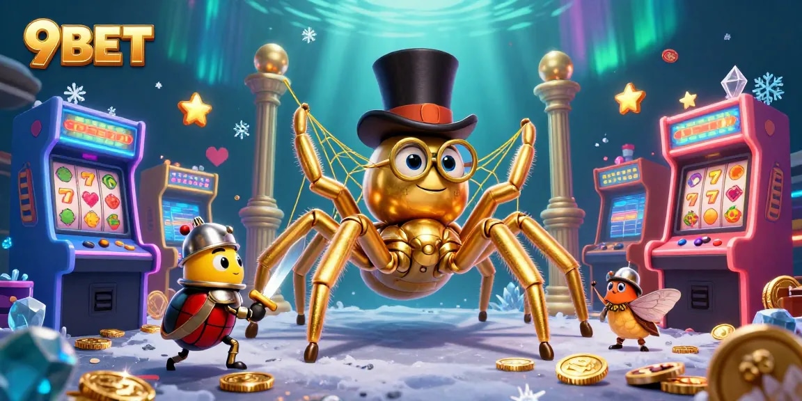 Experience thrilling casino action with 9BET, featuring golden elements and vibrant gaming scenes.