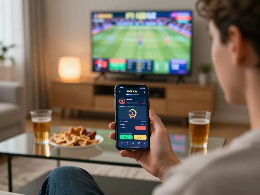 Placing a bet on F168 KJC using a mobile app in a cozy home setting.
