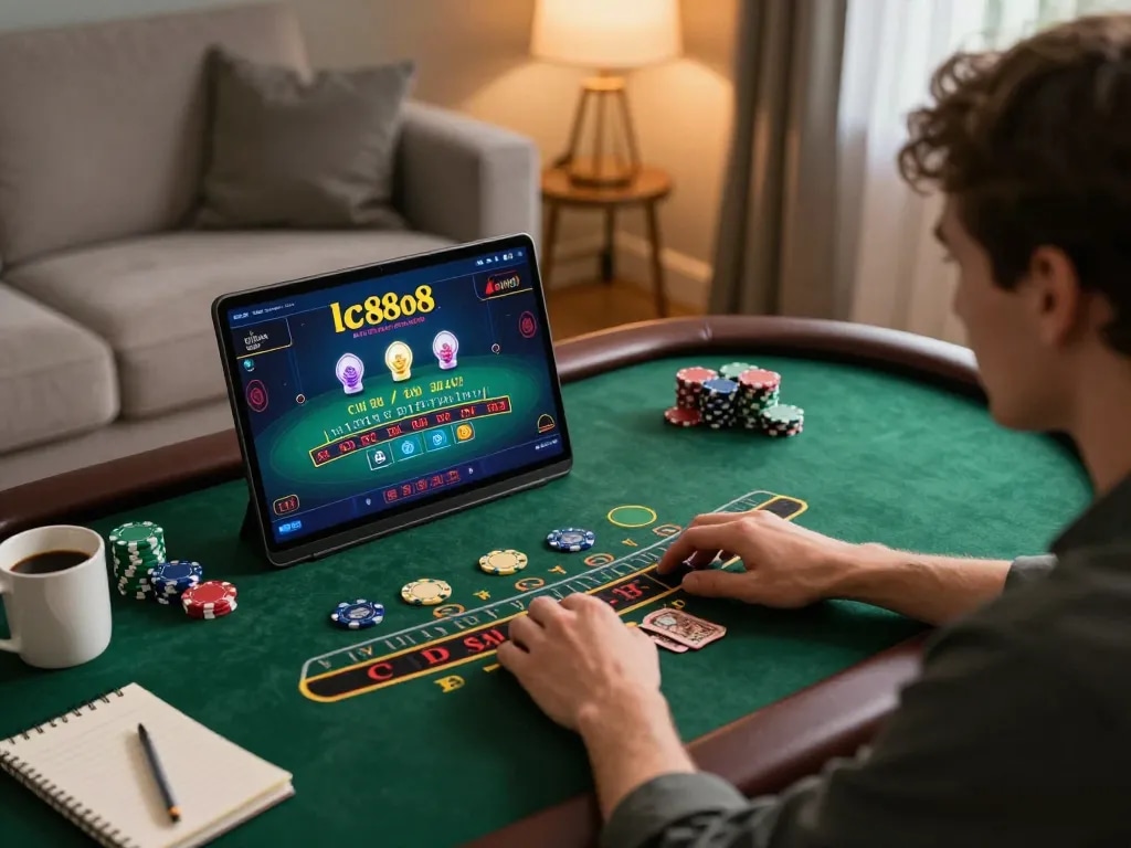 Player engaged in online blackjack at lc88 with chips and a warm home setting, showing strategic gameplay.