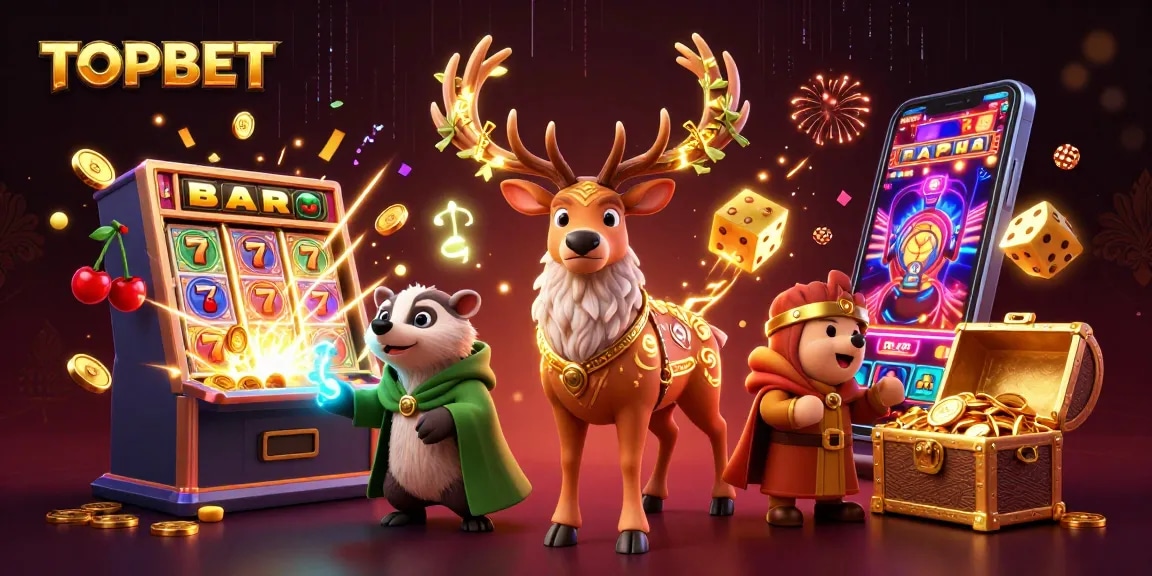 Join the excitement at TOPBET with a vibrant 3D scene showcasing a jackpot explosion, slot symbols, and dynamic casino elements.
