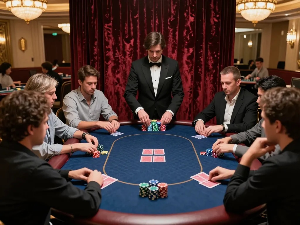 Players strategizing at a BL555 poker table, showcasing a high-stakes game atmosphere.