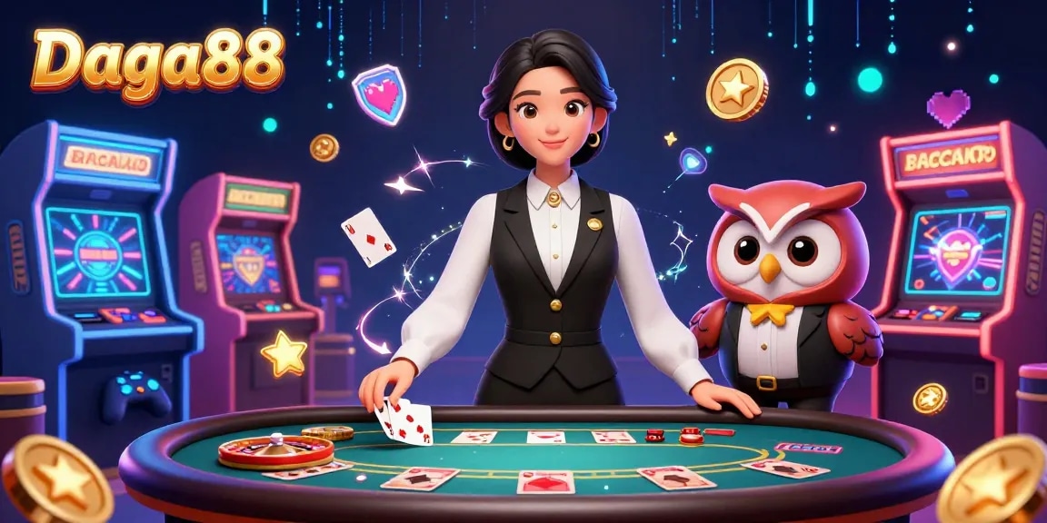 Daga88 showcases a vibrant online casino experience with a charming dealer duo amidst dynamic gaming elements.