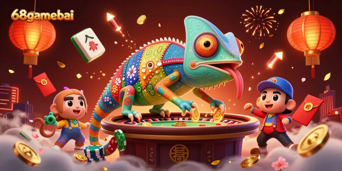 Experience exciting gameplay at 68gamebai with a vibrant chameleon casino scene promoting online gaming.