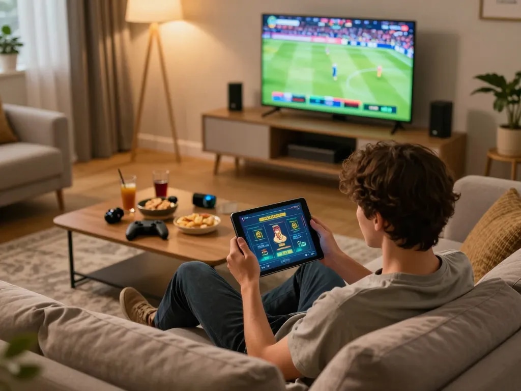 Person enjoying online betting on 23Win with engaging sports content displayed in cozy home setup.