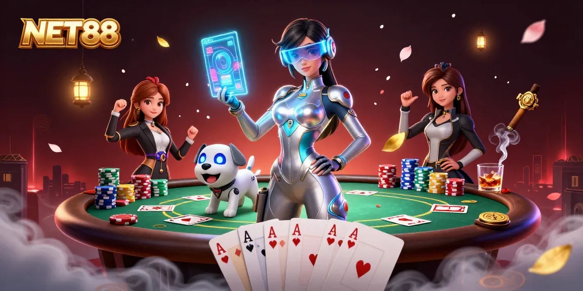 Experience thrilling action at NET88 with an illustrated casino gaming scene filled with vibrant elements.