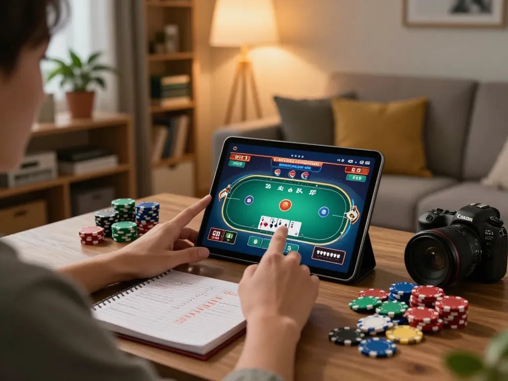 mm88 user strategically placing bets on a vibrant online poker game displayed on a tablet in a cozy living room setting.