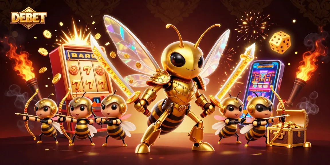 Engage with DEBET's vibrant casino adventure featuring a golden hornet and slot machine explosion.
