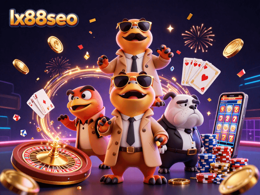 Engage in winning strategies at lx88seo’s fun casino showcasing raptors and a bouncer.