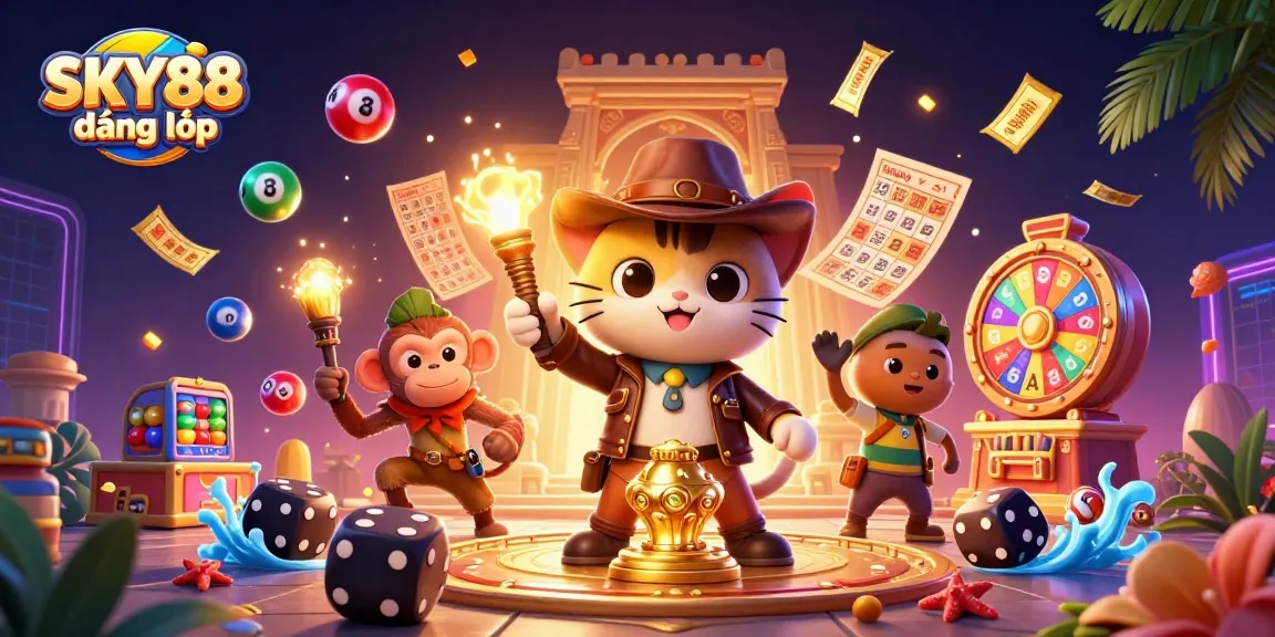 Experience the thrill of SKY88 đăng nhập with vibrant casino-themed elements and engaging characters.