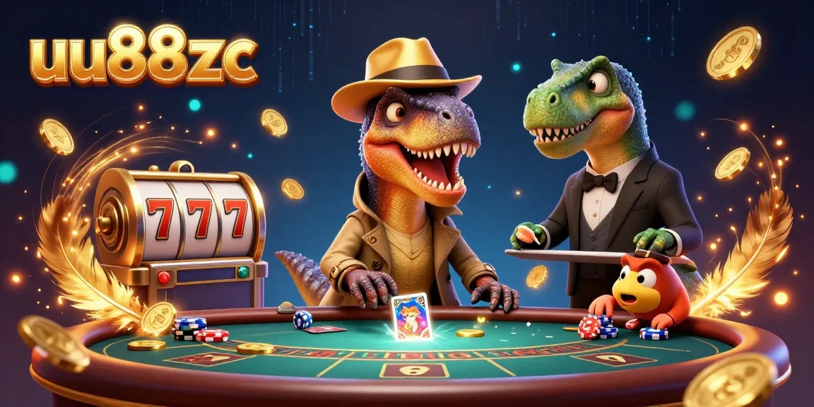 Engage in thrilling gameplay at uu88zc with a velociraptor card counter amidst vibrant casino action.