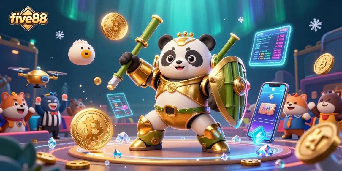 Engage in thrilling gameplay at five88 with vibrant casino action, featuring golden panda and blockchain elements.
