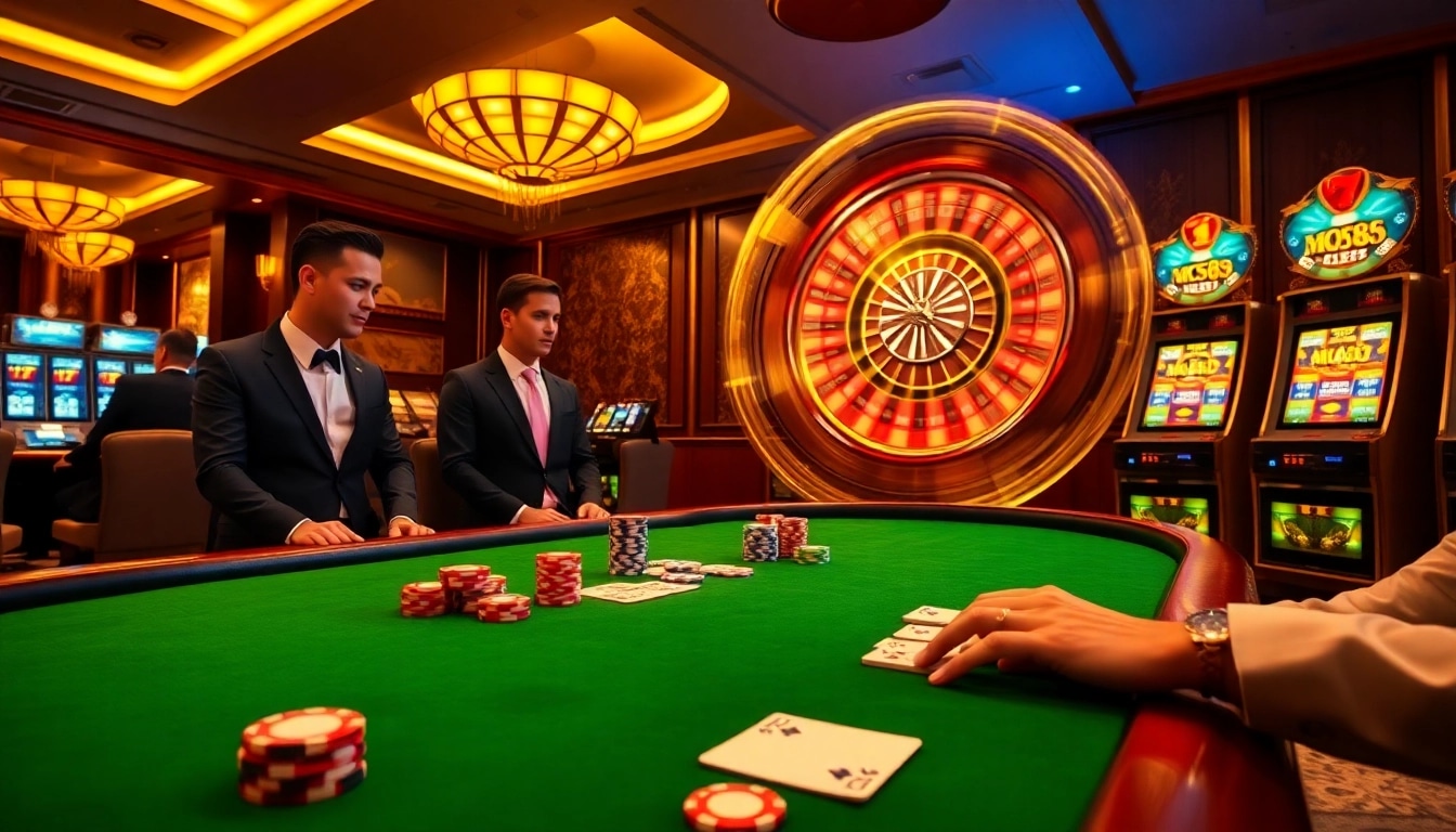 Exciting gambling scene at MM88 with poker chips and roulette wheel.