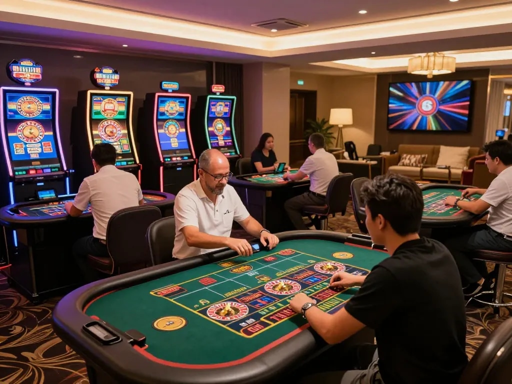 Players enjoying interactive gameplay in QQ88 online casino environment, showcasing vibrant graphics and immersive betting