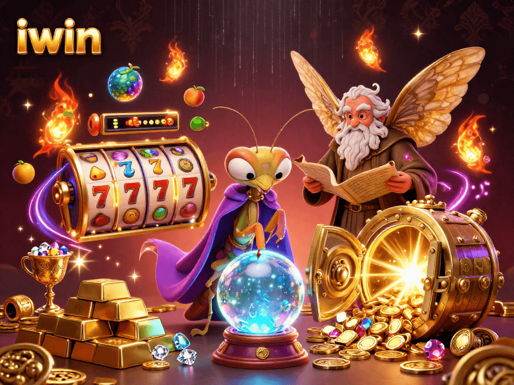 iwin's vibrant casino scene showcases slot reels and fortune teller characters amidst dazzling treasures.