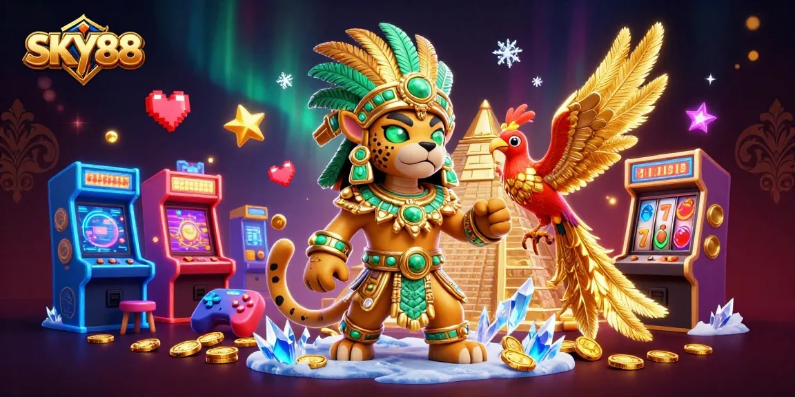Experience thrilling wins at SKY88 with a vibrant 3D casino illustration featuring engaging game elements.