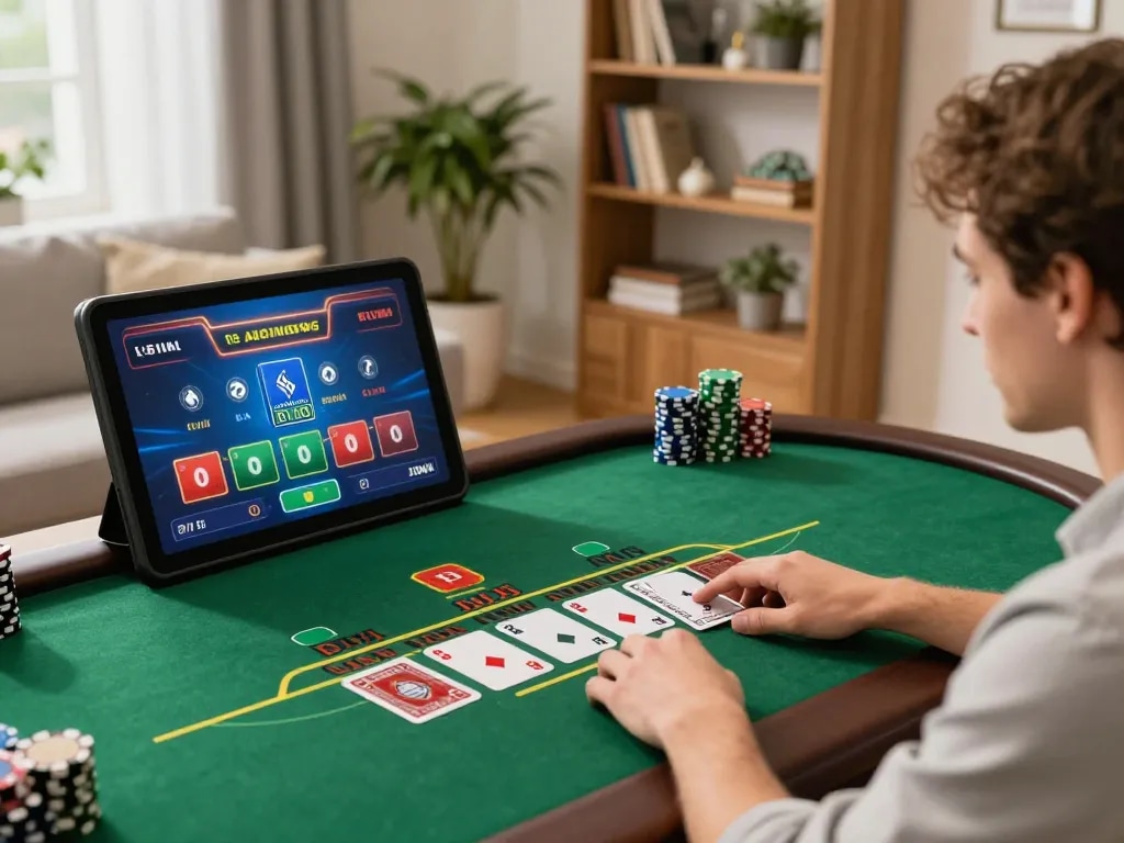 Player enjoying sam86 online blackjack game on tablet in cozy home setting