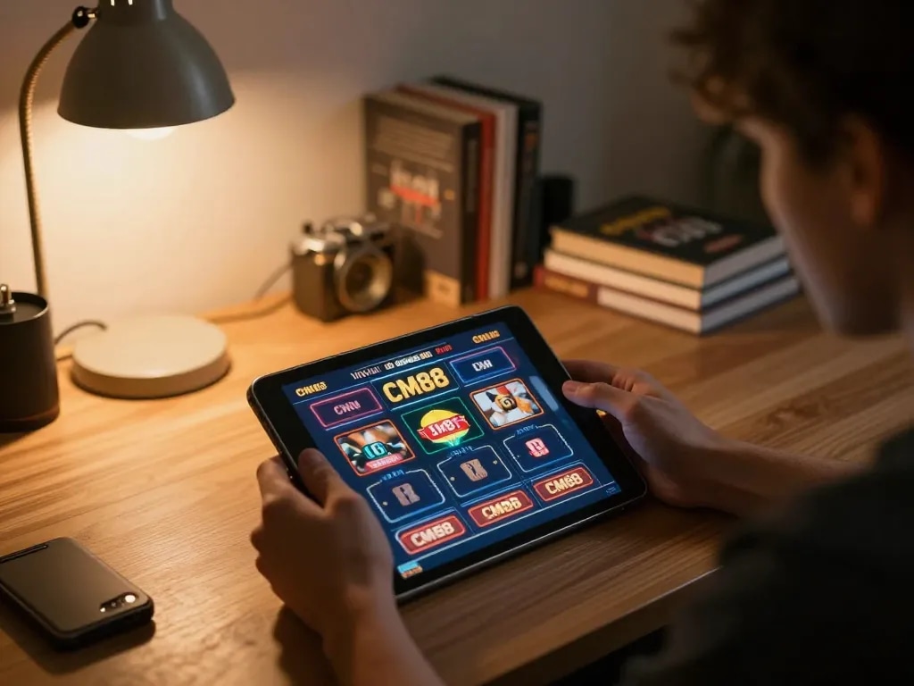 Nạp tiền cm88 with a user engaging on an online casino tablet interface, highlighting responsible gaming.