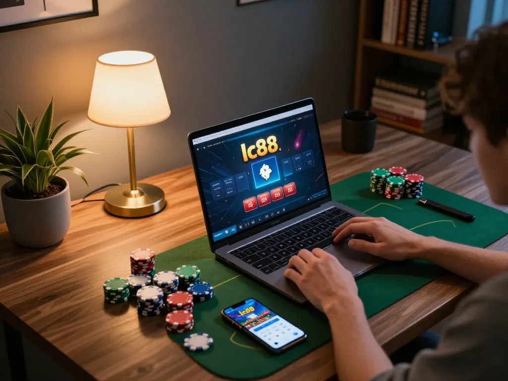 Enjoying online gaming with lc88 link on laptop, showcasing a cozy and stylish gaming setup.