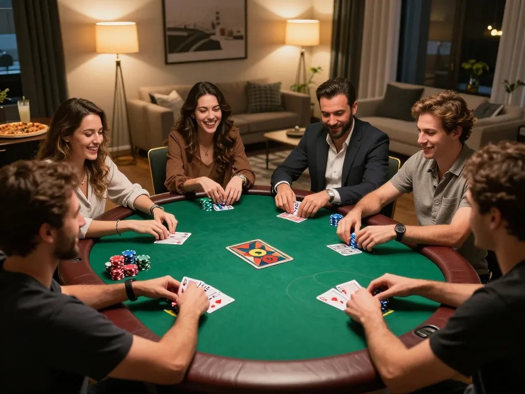 Friends enjoying a lively poker night at home featuring link xo88 for gaming excitement and competitive fun