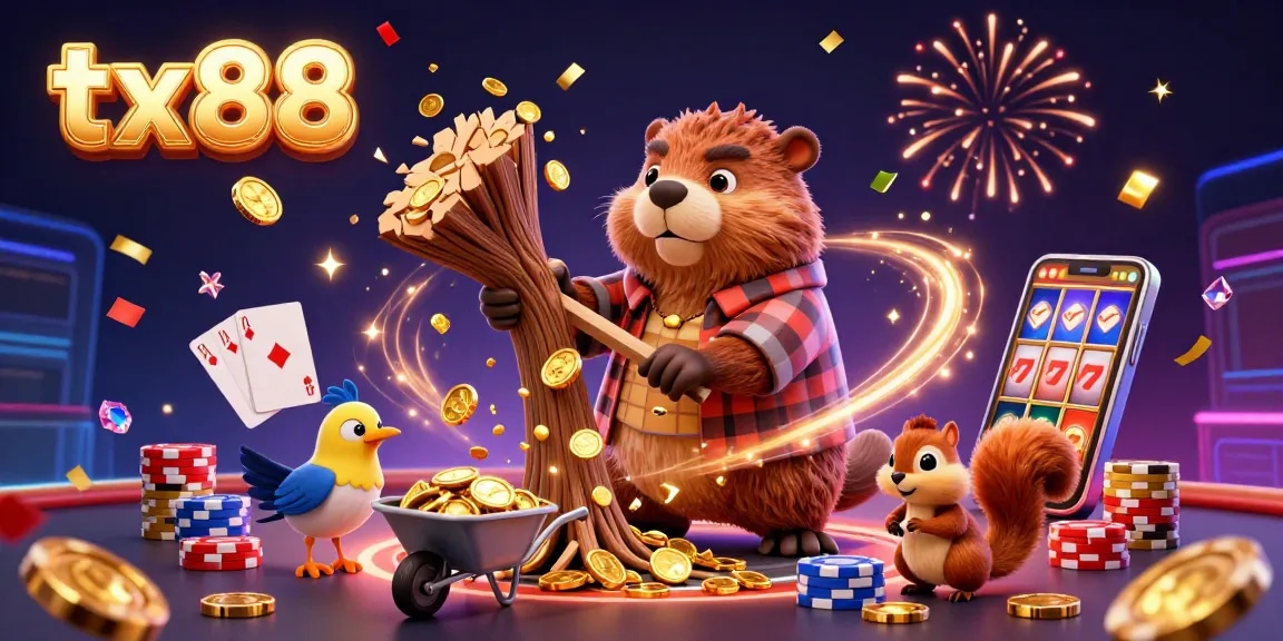 Experience thrilling wins at tx88 with dynamic casino characters celebrating with coins and gems.