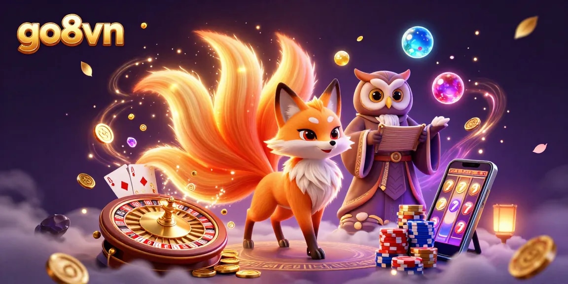 Engage with go8vn, witnessing vibrant gaming magic and fortune through colorful characters and casino elements.