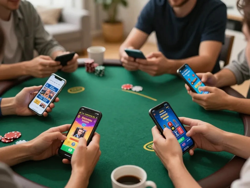 b52club players engaging in exciting online poker betting on smartphones with vibrant apps.