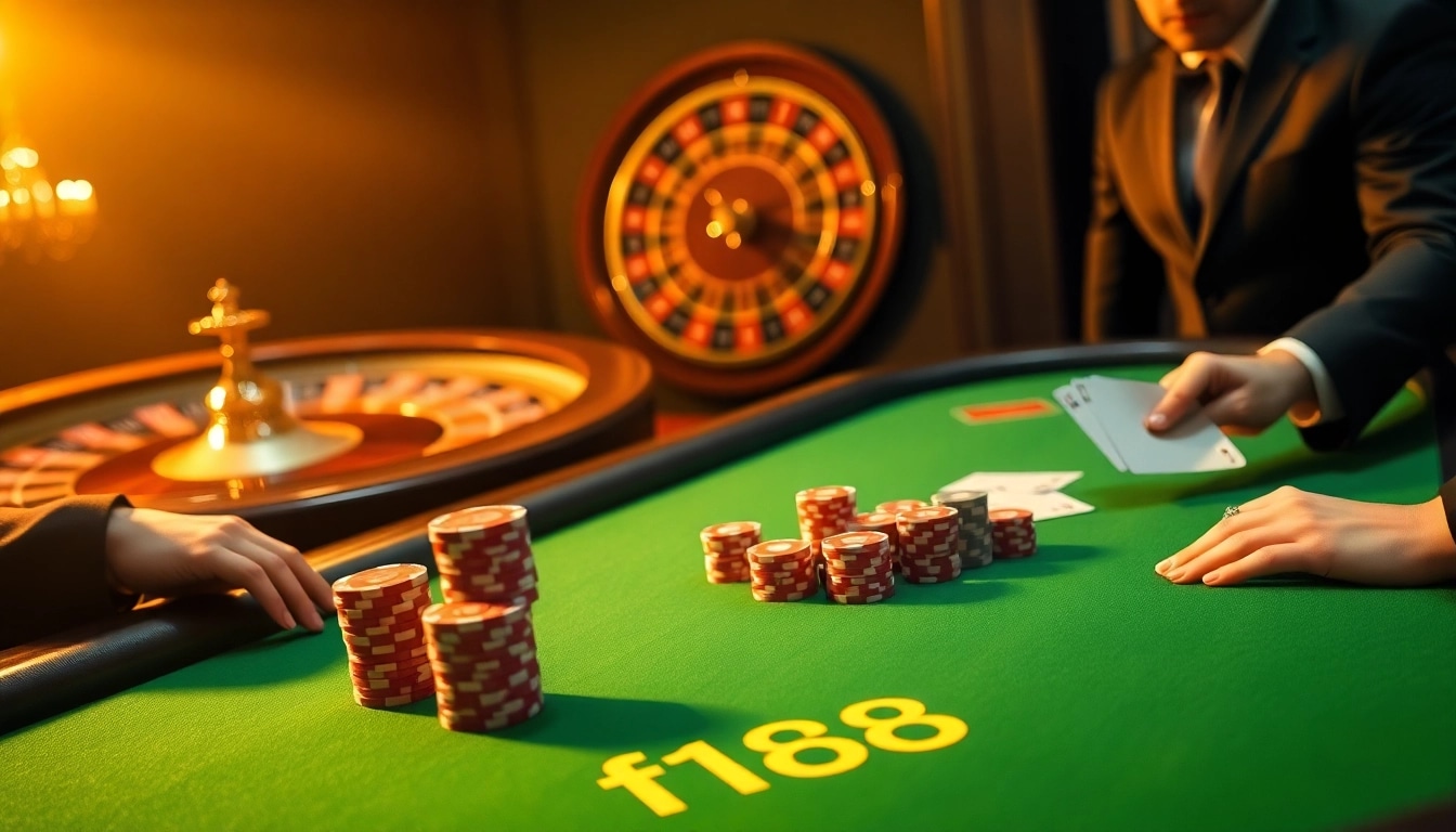 Experience the excitement of f168 at a luxurious poker table with vibrant chips and cards.