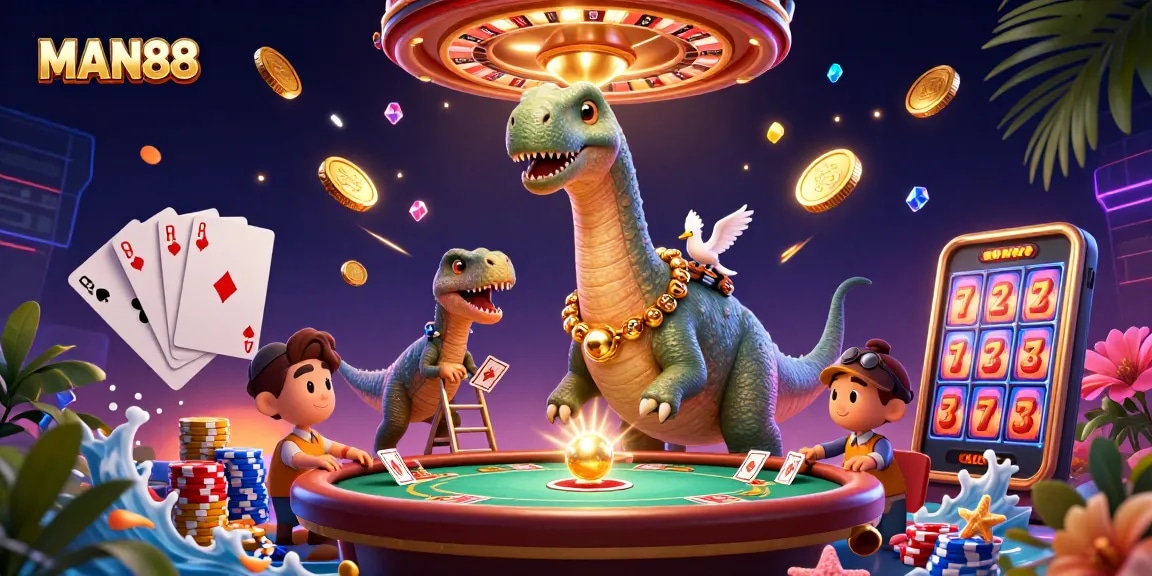 Experience thrilling gameplay at MAN88 with a gigantic brontosaurus and raptor dealt cards at a vibrant casino