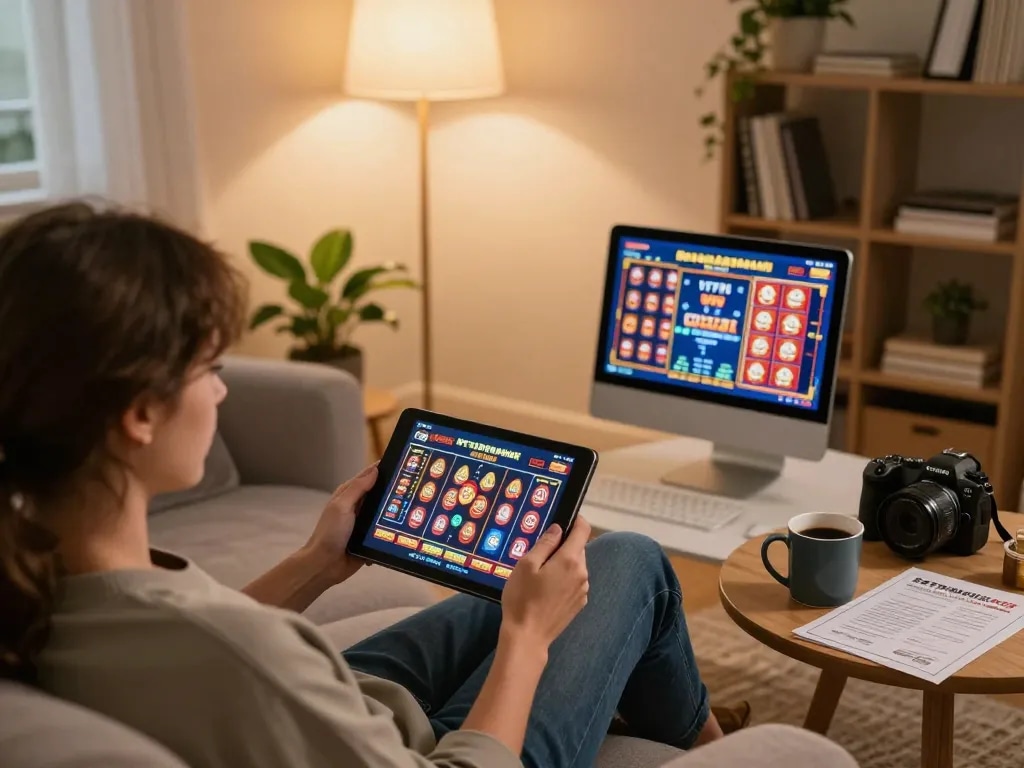 Engaging in online casino gaming through lc88 link with tablet in cozy living room