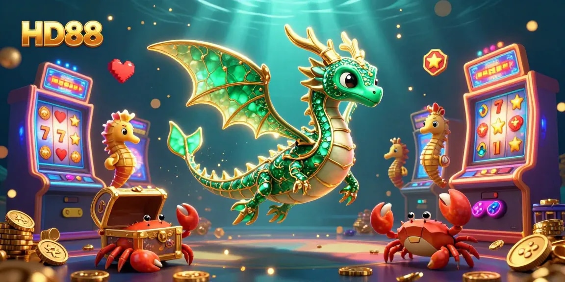 Experience thrilling slots at HD88 with an emerald sea dragon and vibrant casino elements.