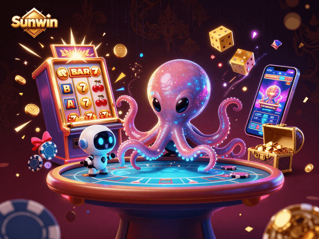 Experience thrilling gameplay with Sunwin as a vibrant alien octopus and robot navigate a dynamic casino scene.