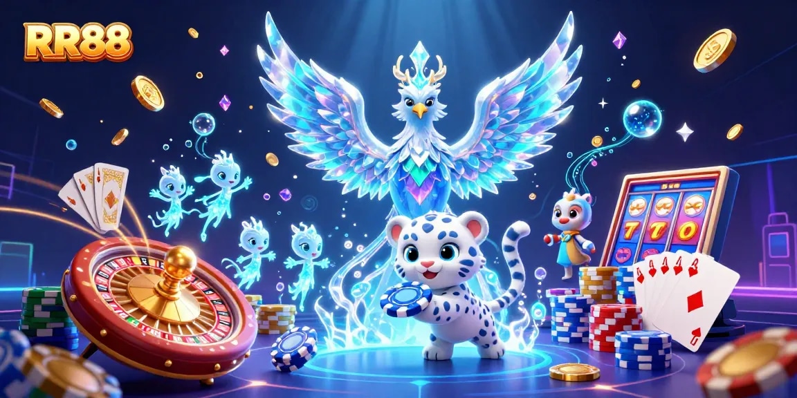 RR88 offers a vibrant casino experience with glowing characters and dynamic game elements.