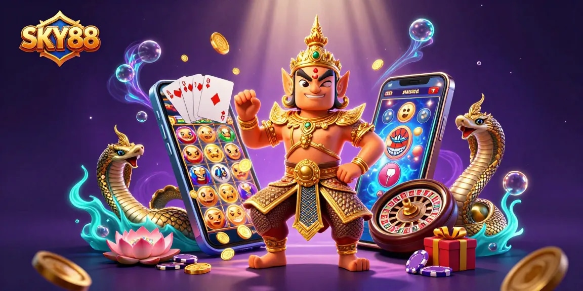 Experience exciting gameplay at SKY88 with dynamic slot games, golden coins, and a vibrant casino atmosphere.
