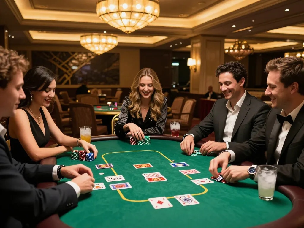 SX88 casino night with friends enjoying a poker game at a luxurious table.