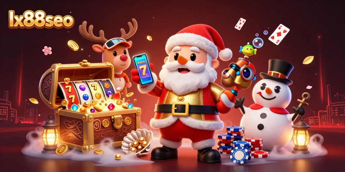Experience the excitement of lx88seo jackpot slots with Santa, a reindeer, and a snowman in a vibrant casino