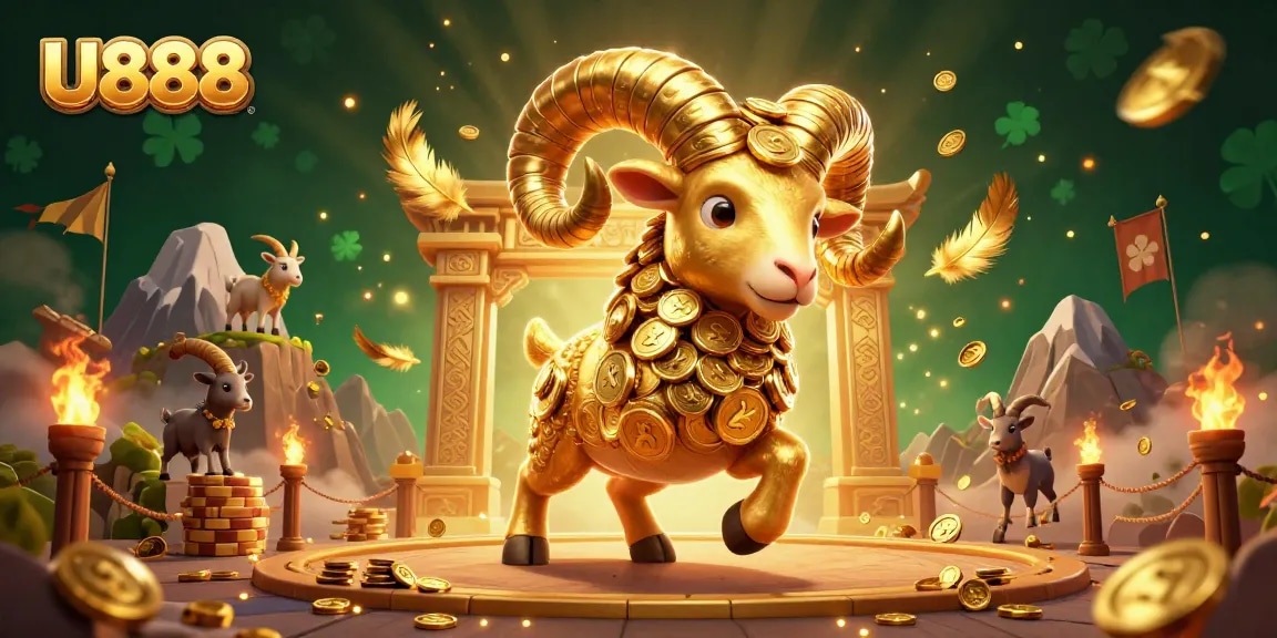 Play the U888 casino games with the charging golden ram amidst rich gambling elements.